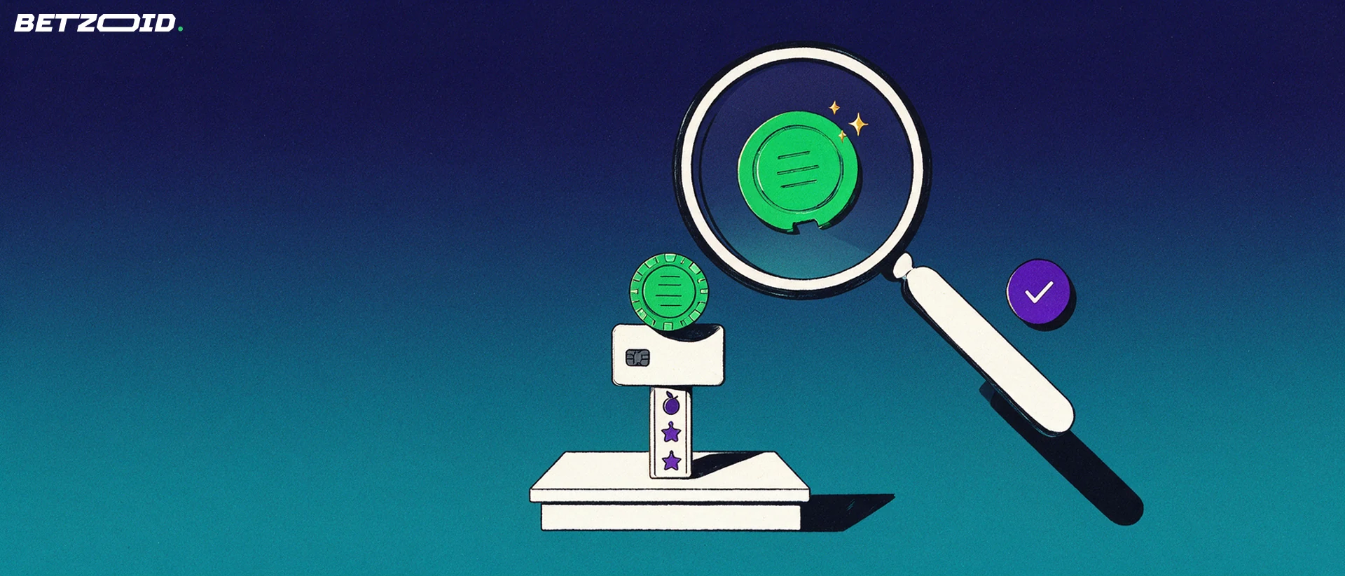 Illustration of a large magnifying glass inspecting a stack of a casino chip, a payment card and a slot reel strip