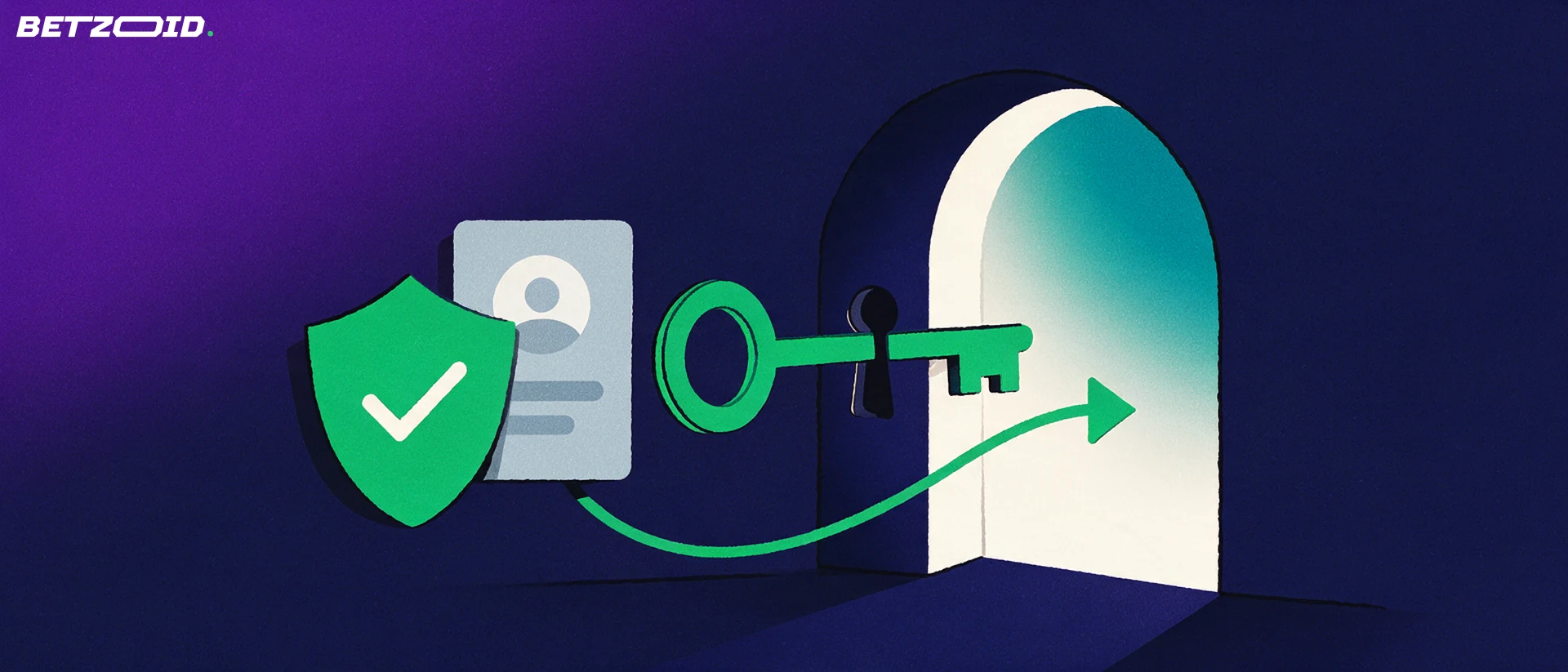 Illustration of a key unlocking an arched entry portal beside a verification shield and a blank identity card