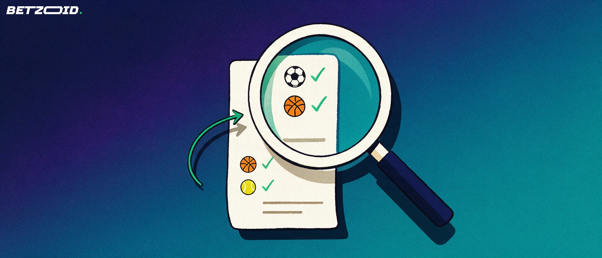 Ilustração de uma lupa grande a examinar um boletim de apostas com ícones de futebol, basquetebol e tênis assinalados com visto