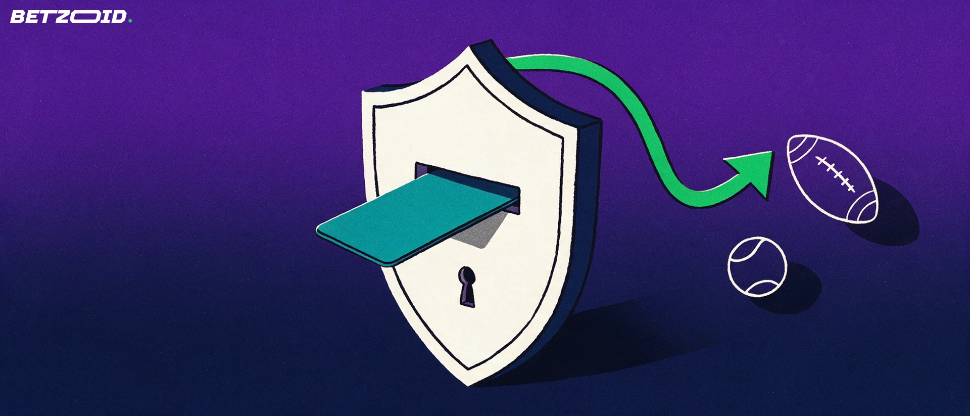 Ilustração de um escudo com um cartão de pagamento inserido numa ranhura e uma seta verde que aponta para uma bola de futebol e uma bola de tênis