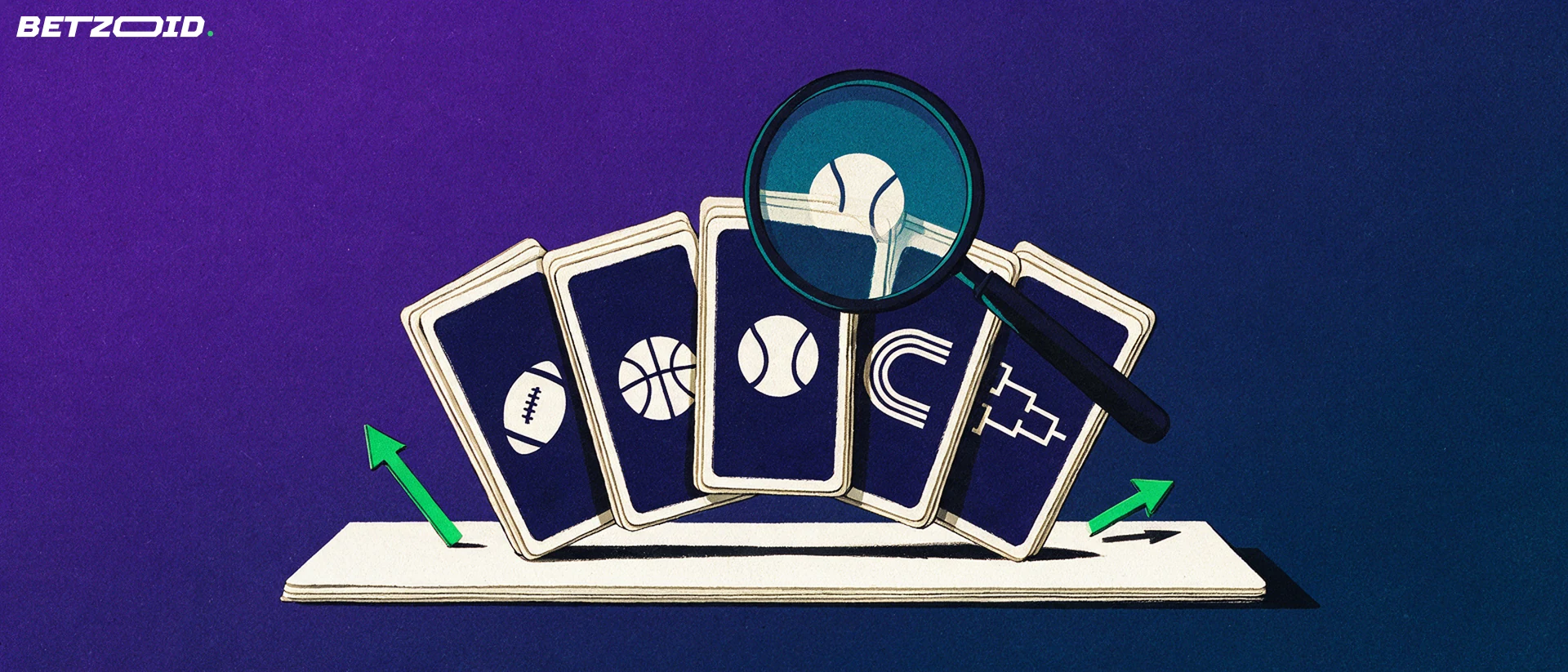 Ilustração de um leque de cartões com símbolos de futebol, basquetebol e ténis, observados por uma lupa.