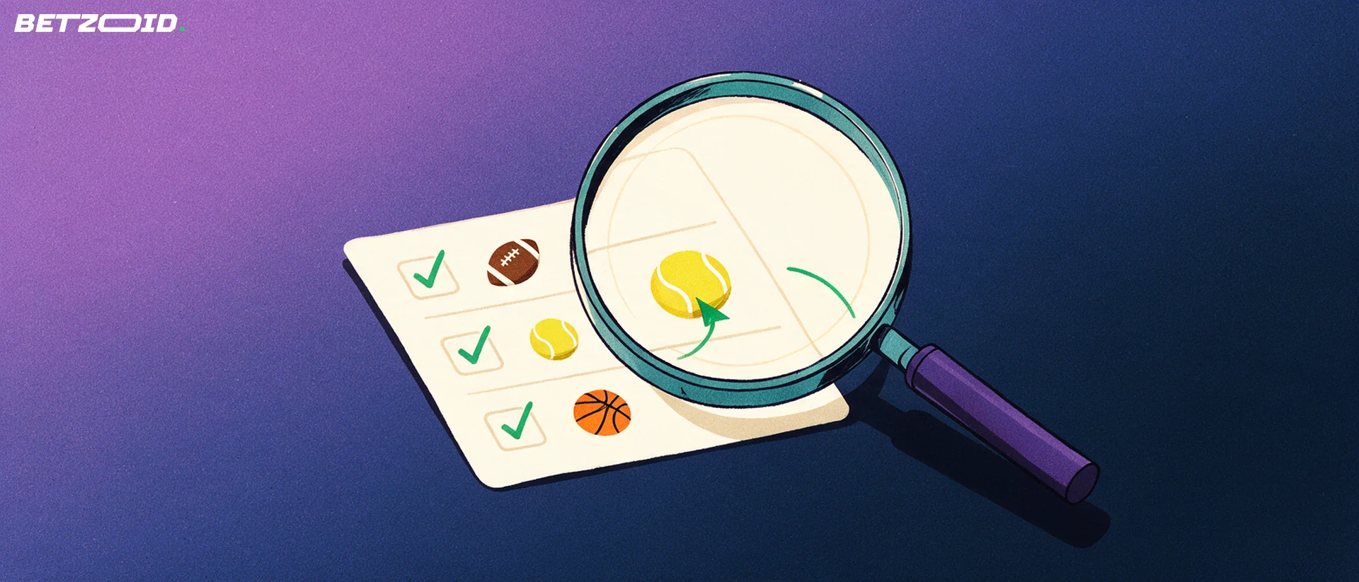 Ilustração de uma grande lupa a ampliar um boletim de apostas com símbolos de futebol, tênis e basquetebol e marcas de verificação verdes.