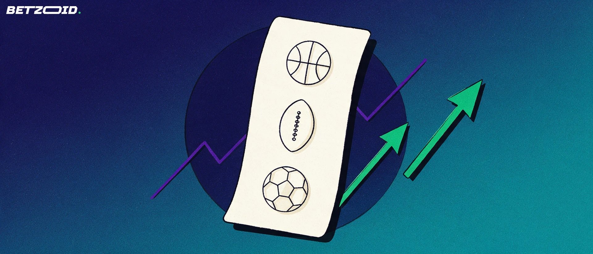 Illustration of a tilted betting slip with simple basketball, football and soccer icons and two rising arrows over a navy circle.