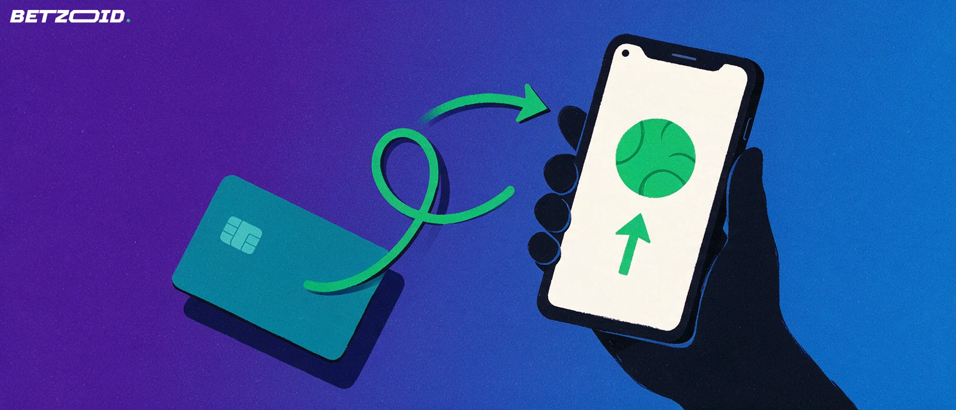 Illustration of a hand holding a mobile device with a simple ball icon, linked by a looping arrow to a plain bank card.