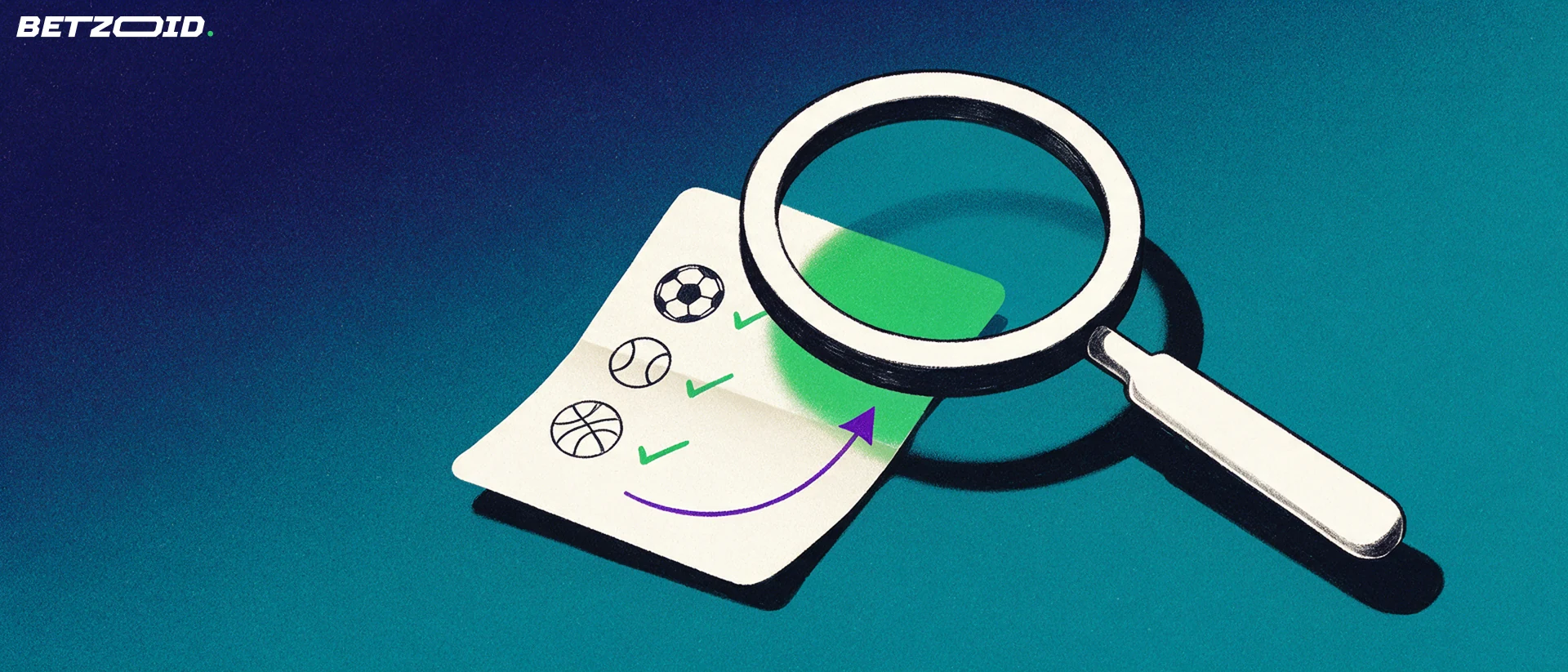 Ilustração de uma grande lupa a examinar um boletim de apostas em papel com símbolos de futebol, ténis e basquetebol assinalados com vistos verdes.