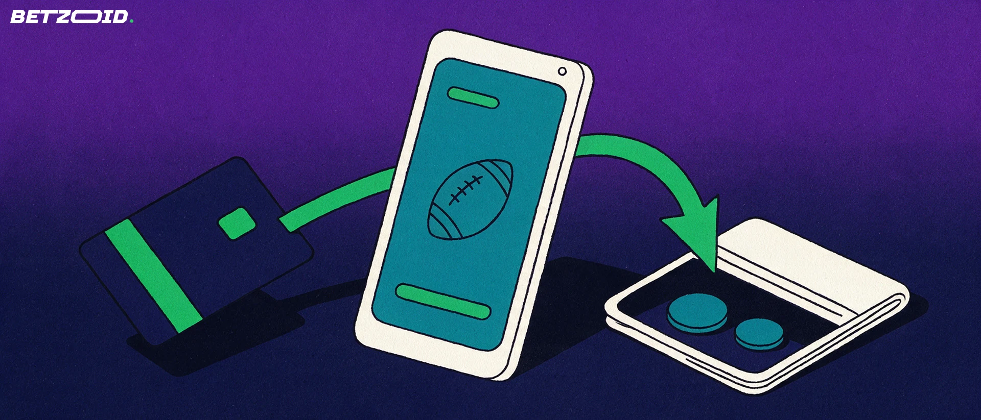 Ilustração de um telemóvel com o símbolo de uma bola de futebol no ecrã, ao lado de um cartão bancário e de uma seta verde que aponta para uma carteira aberta.