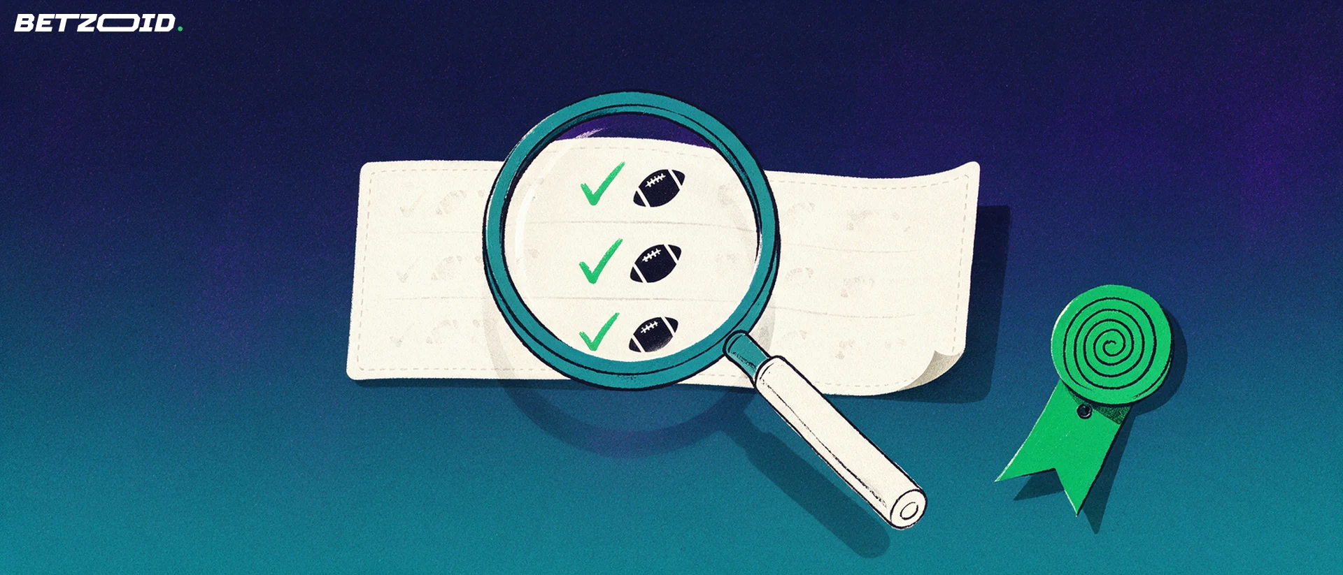 Ilustração de uma lupa grande a examinar um boletim de apostas em papel com marcas de verificação e um símbolo de bola de futebol.