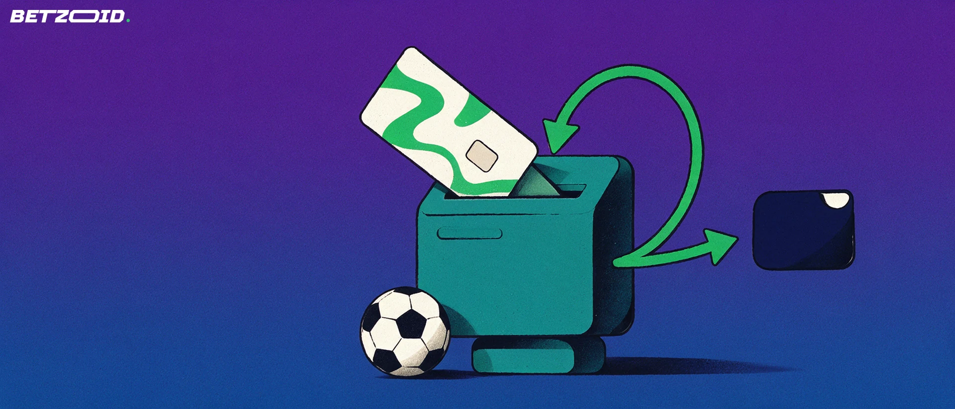 Ilustração de um cartão de pagamento a entrar num terminal com uma seta circular verde e uma bola de futebol ao lado