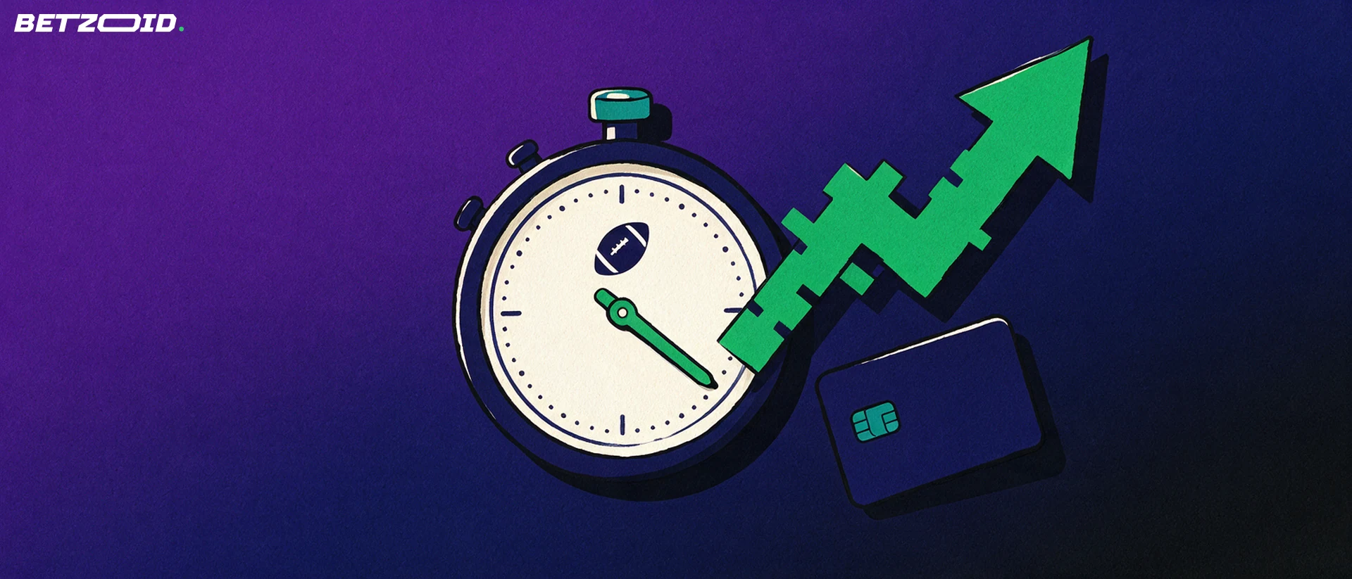 Illustration of a large stopwatch containing a football symbol, a rising green arrow and a plain bank card, representing live sports betting.