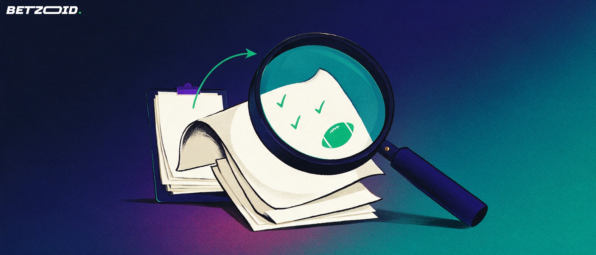 Illustration of a large magnifying glass inspecting a paper betting slip marked with ticks and a football symbol, with a clipboard of slips behind it.