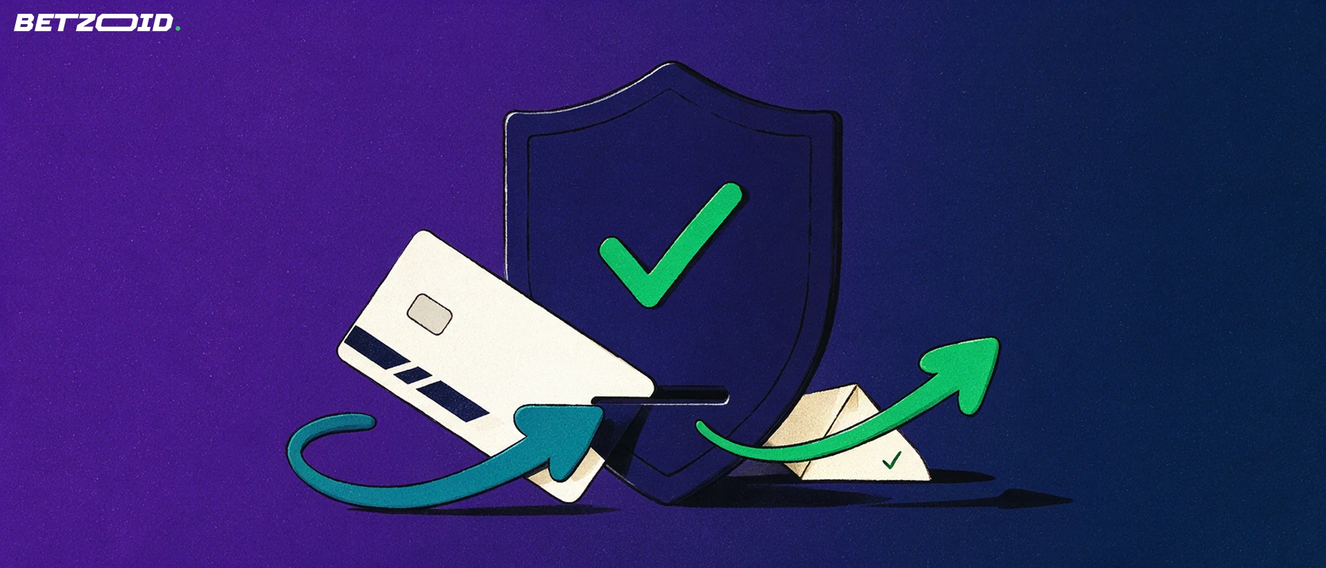 Illustration of a navy shield with a green check mark, a plain payment card entering a slot and two curved arrows showing deposits in and withdrawals out.