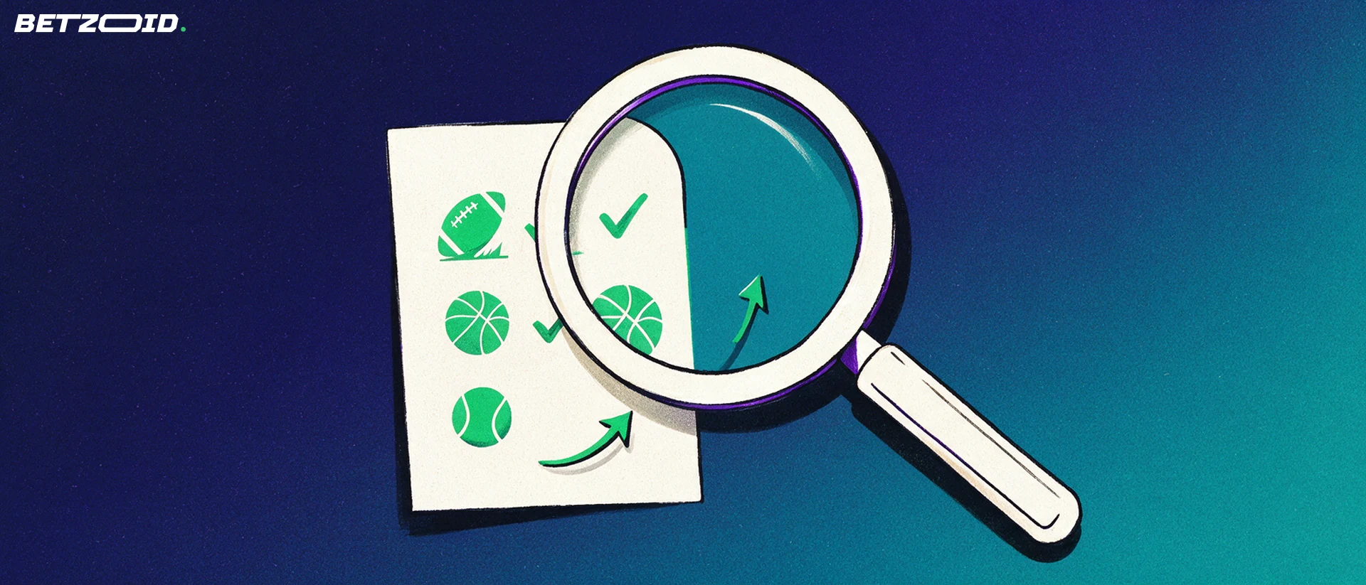 Ilustração de uma grande lupa a examinar um boletim de apostas com símbolos de futebol, basquetebol e tênis e dois sinais de visto.