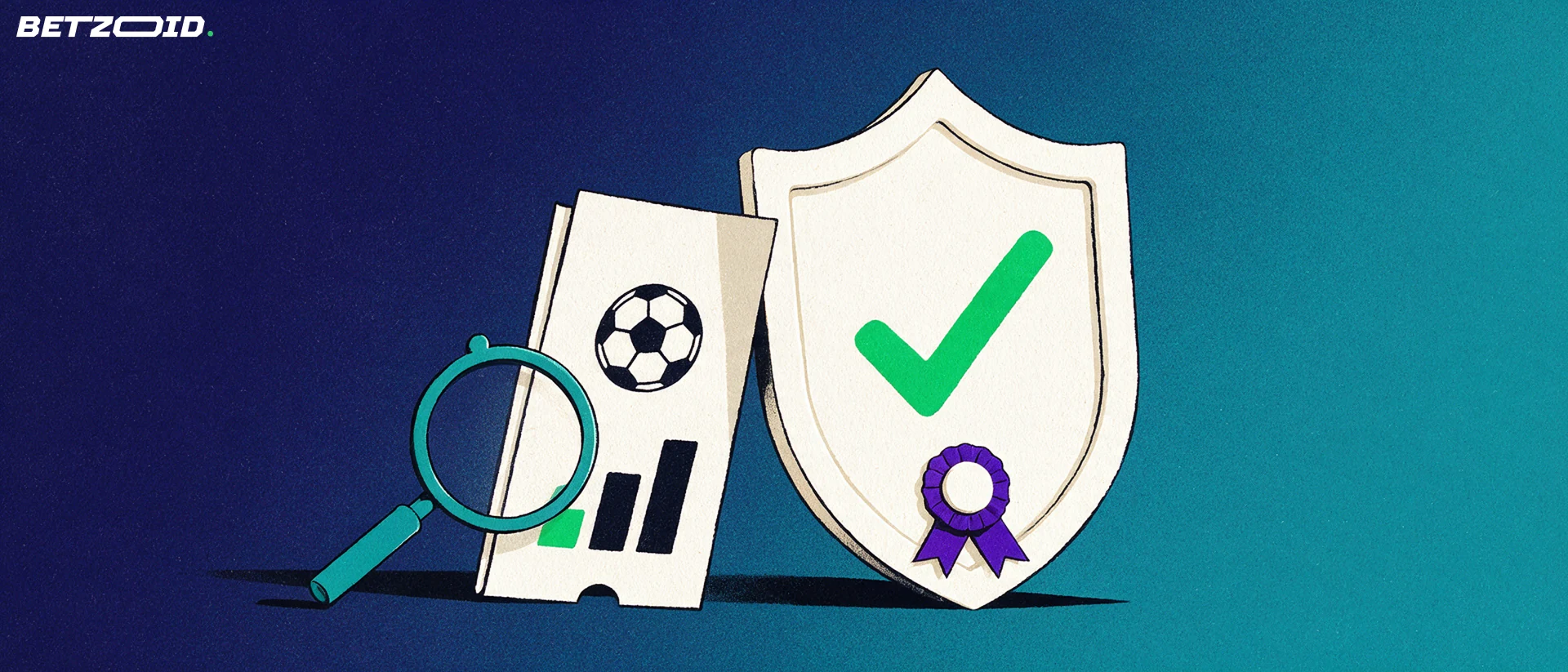 Ilustração de um selo em forma de escudo com visto verde ao lado de um boletim de apostas com barras de quotas e uma lupa.