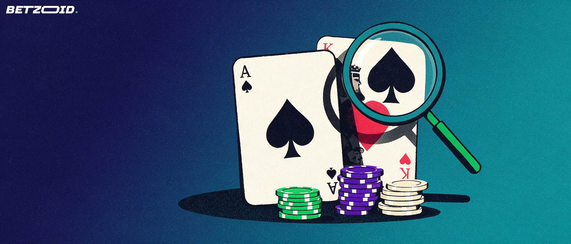 Ilustração de uma lupa a ampliar o naipe de espadas em duas cartas de jogar grandes, junto a pilhas de fichas de poker.