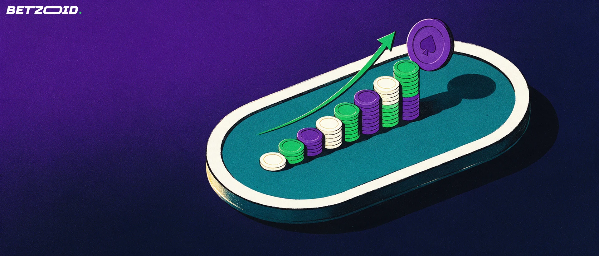 Ilustração de uma mesa de poker oval com uma escada de pilhas de fichas a subir e uma seta verde a apontar para uma ficha com símbolo de espadas.