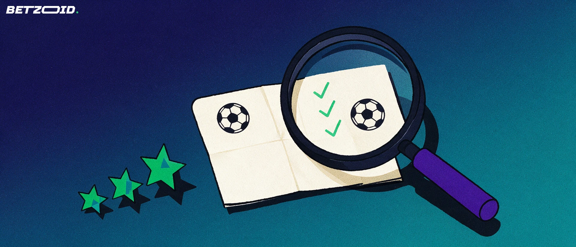 Ilustração de uma grande lupa sobre um boletim de apostas com marcas de verificação e uma bola de futebol, ao lado de três estrelas de avaliação.