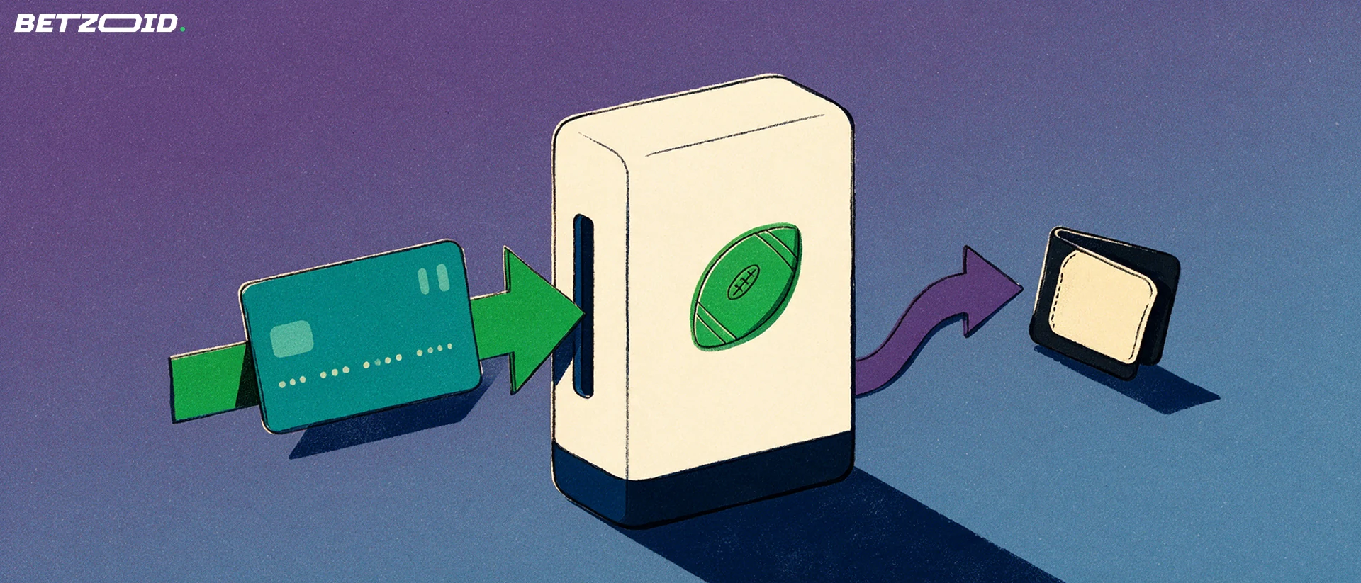 Ilustração de um terminal de apostas com símbolo de bola de futebol, um cartão bancário a entrar de um lado e uma seta a sair para uma carteira do outro.