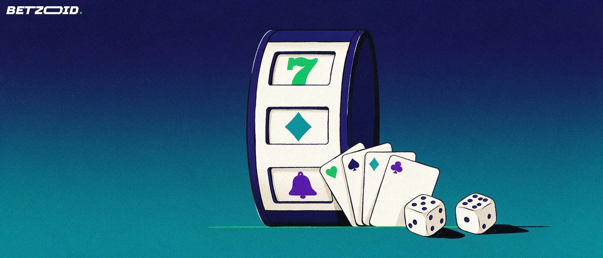 Ilustração de um tambor de slot machine com símbolos simples, um leque de cartas de jogar e dois dados sobre fundo azul-escuro.