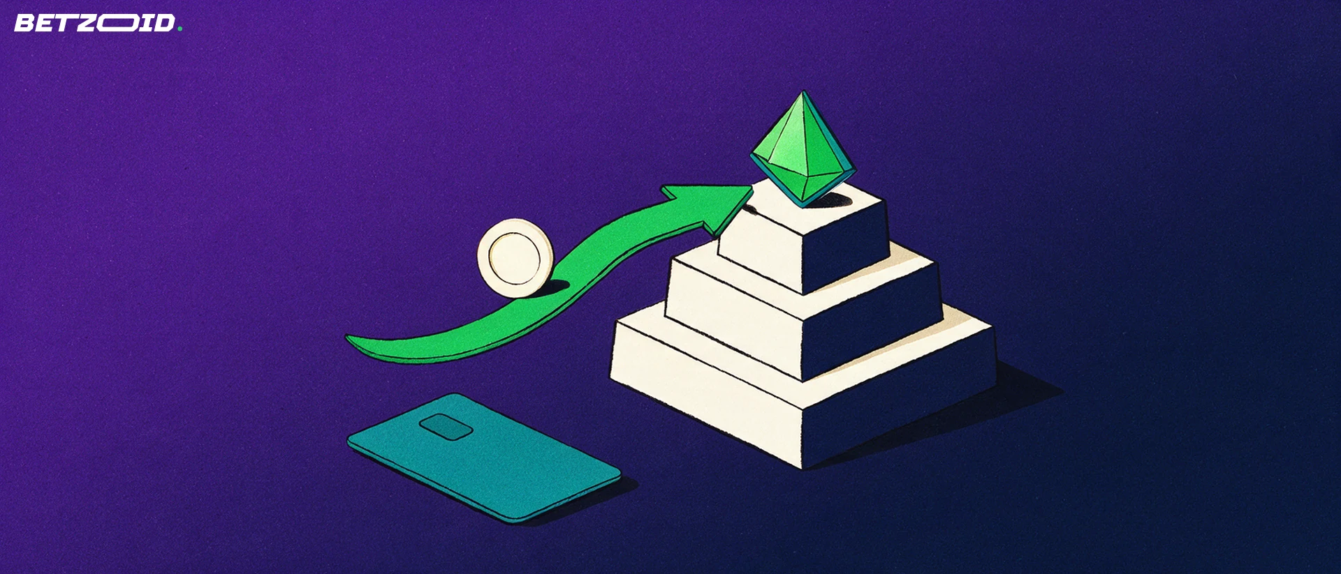 Ilustração de um pódio de três degraus com uma gema no topo, uma seta verde com uma ficha a subir e um cartão de pagamento simples.