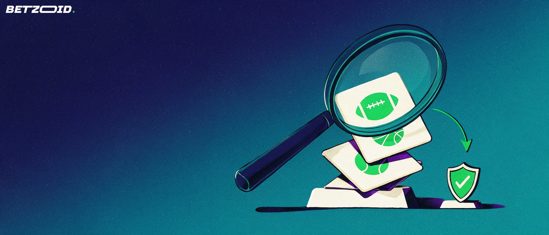 Illustration of a magnifying glass examining stacked cards marked with football, basketball and tennis symbols next to a checkmark shield