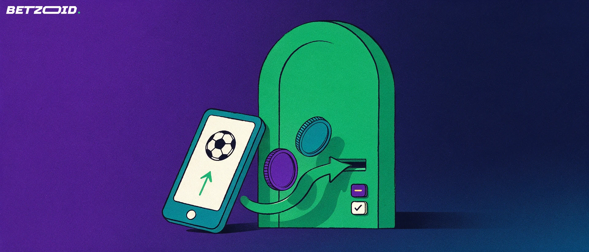 Illustration of a handheld device with a football icon sending two abstract coins along an arrow into a payment terminal slot