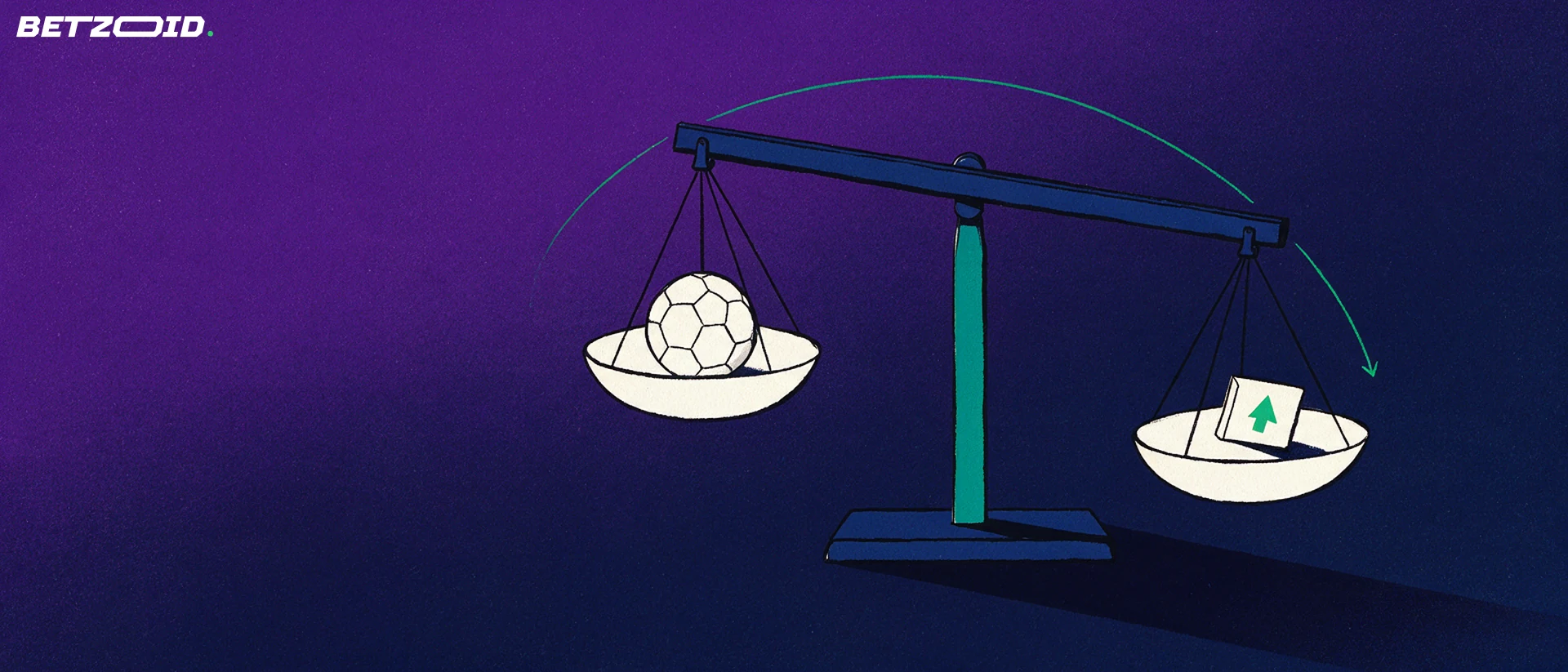 Ilustração de uma balança que compara uma bola de futebol num prato com um cartão de levantamento com seta verde no outro.