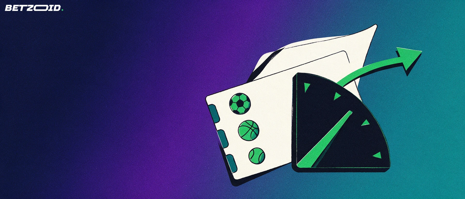 Illustrazione di una grande schedina con simboli sportivi accanto a un quadrante con lancetta verde che sale.