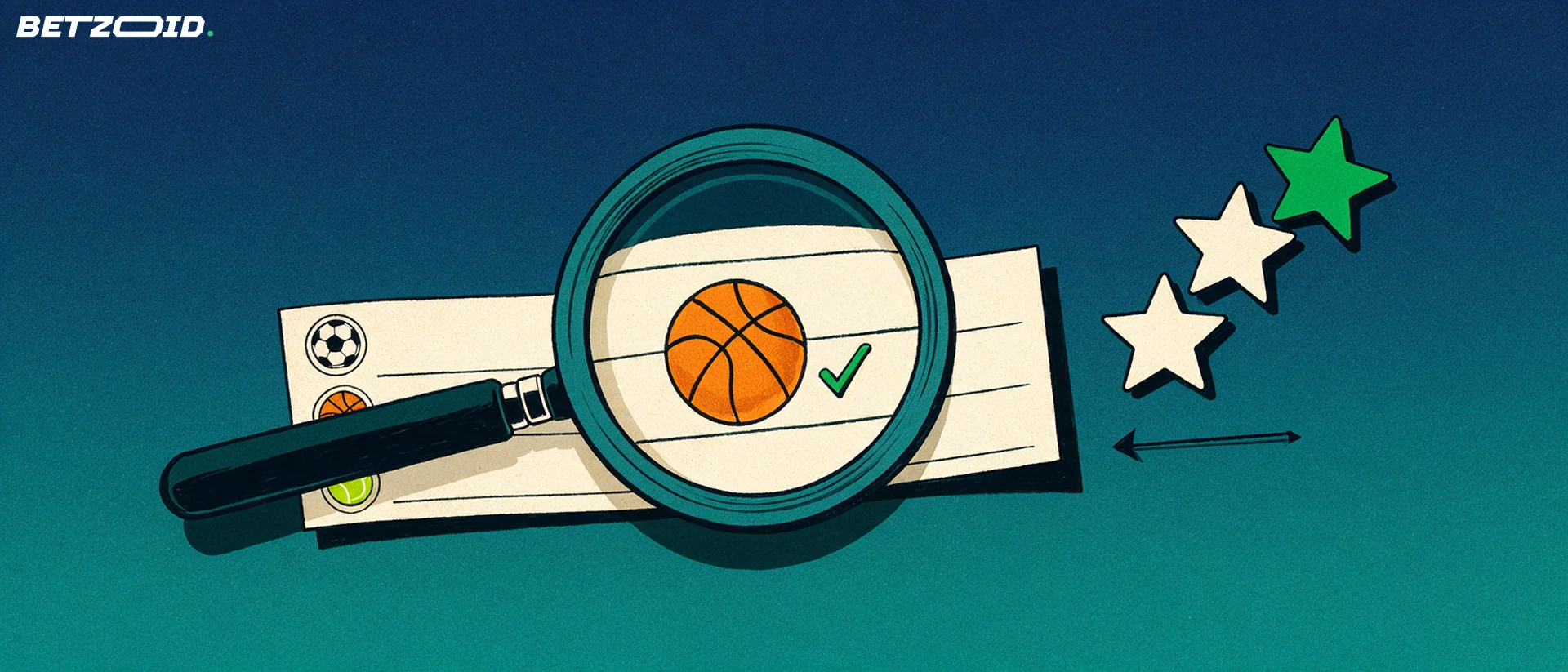 Illustrazione di una grande lente d'ingrandimento che esamina una schedina con simboli di calcio, basket e tennis, accanto a tre stelle di valutazione.