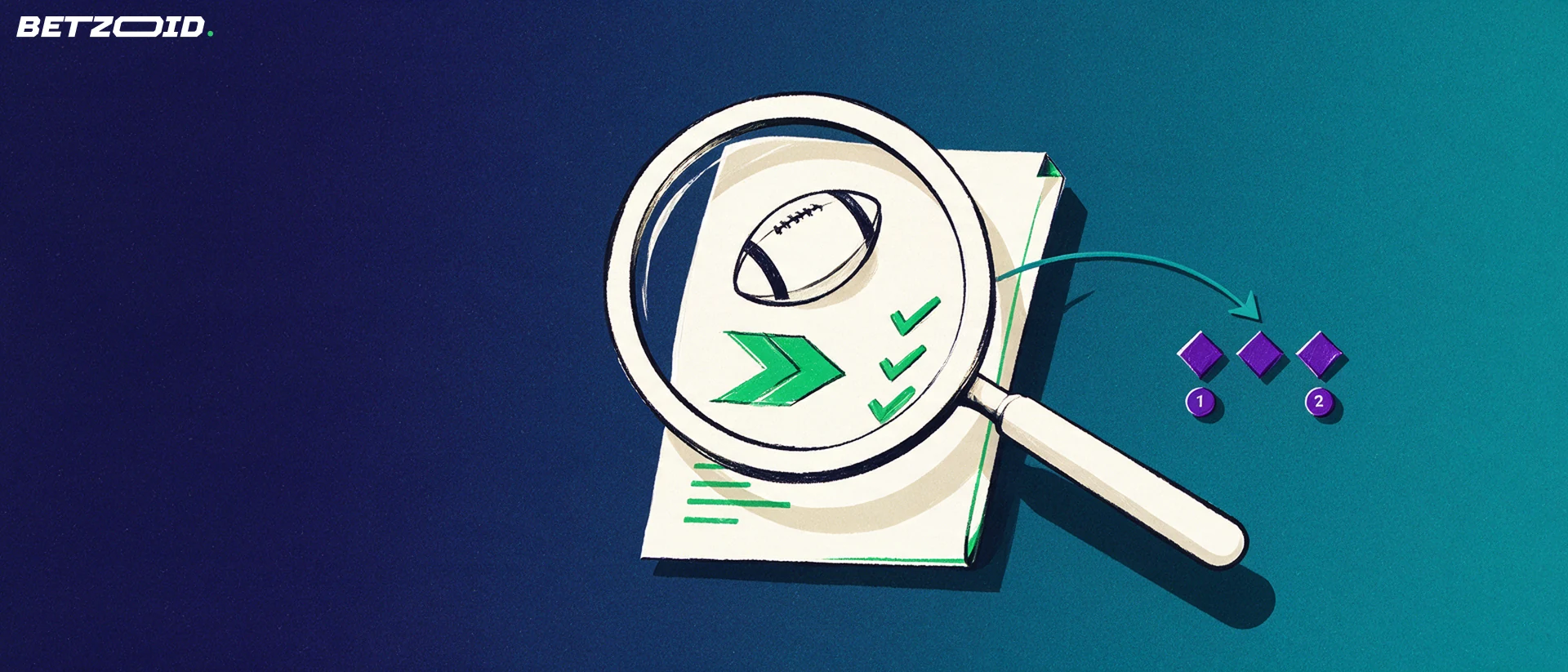 Illustration of a magnifying glass inspecting a sports betting slip showing a football symbol and green check marks