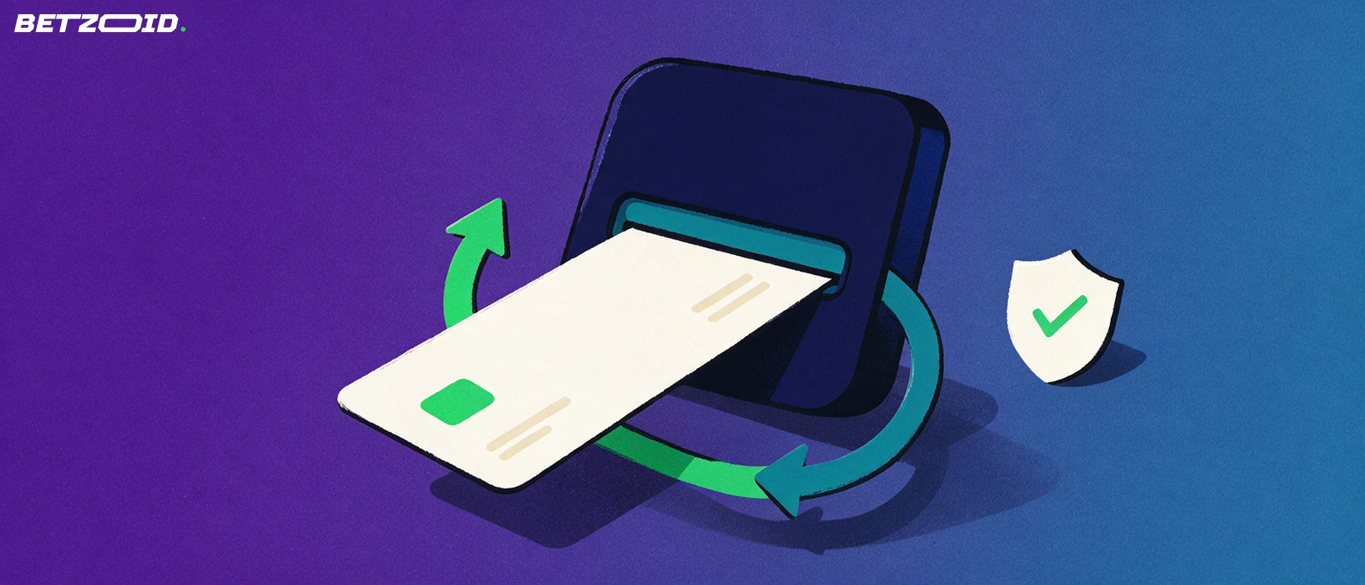 Illustrazione di una carta di pagamento inserita in un terminale con frecce circolari di deposito e prelievo e uno scudo con spunta