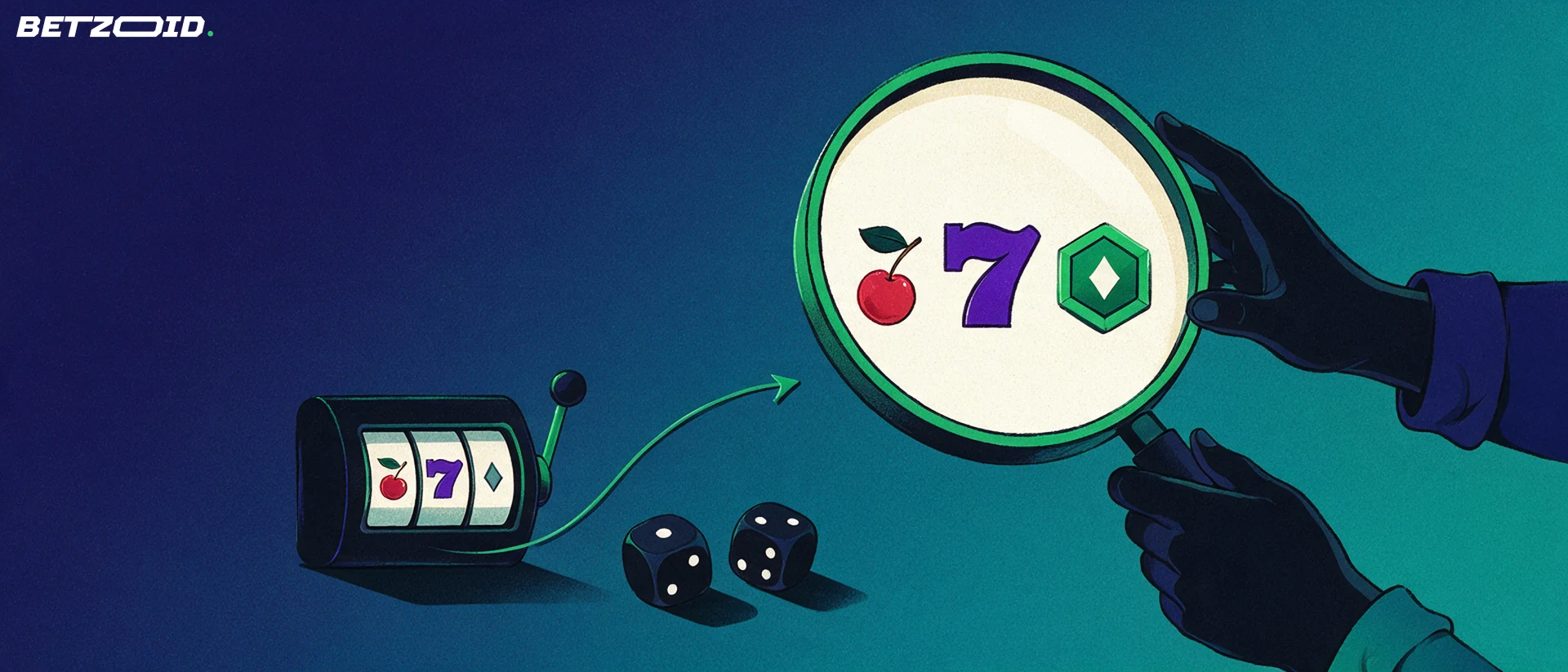 Illustrazione di una grande lente d'ingrandimento che esamina un rullo da slot machine, due dadi e un gettone digitale esagonale.