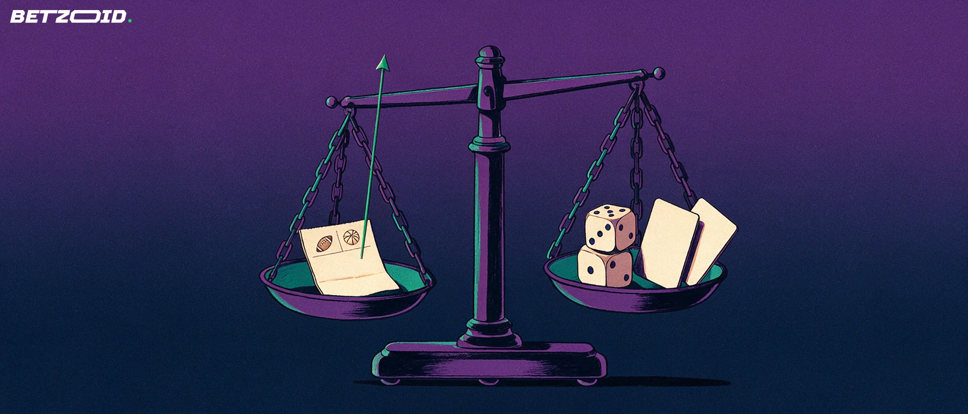 Illustrazione di una bilancia a due piatti che confronta una schedina con simboli sportivi e dei dadi con carte da gioco.