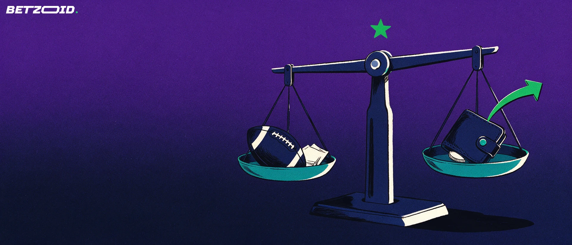 Illustrazione di una bilancia che confronta un pallone con una schedina su un piatto e un portafoglio con una moneta sull'altro.