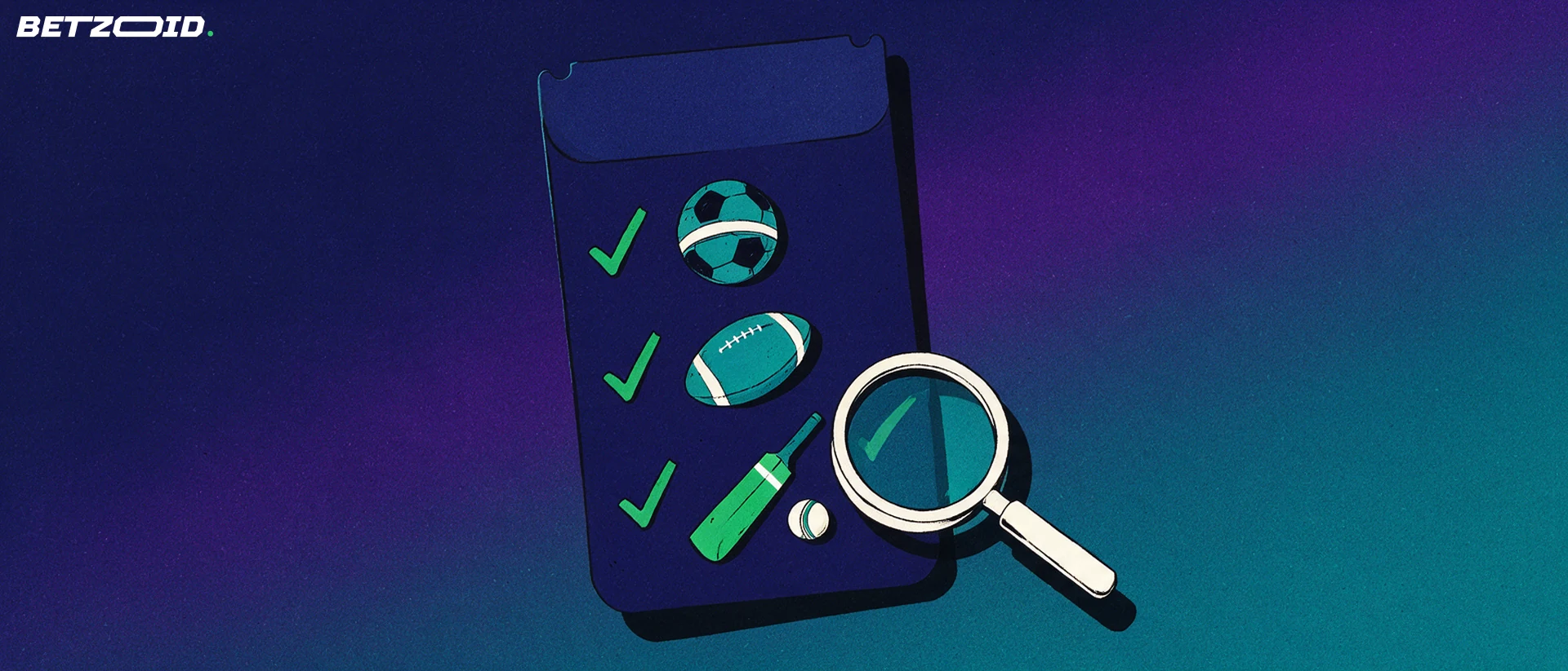 Illustration of a betting slip shaped checklist with sports ball icons and check marks, examined through a magnifying glass