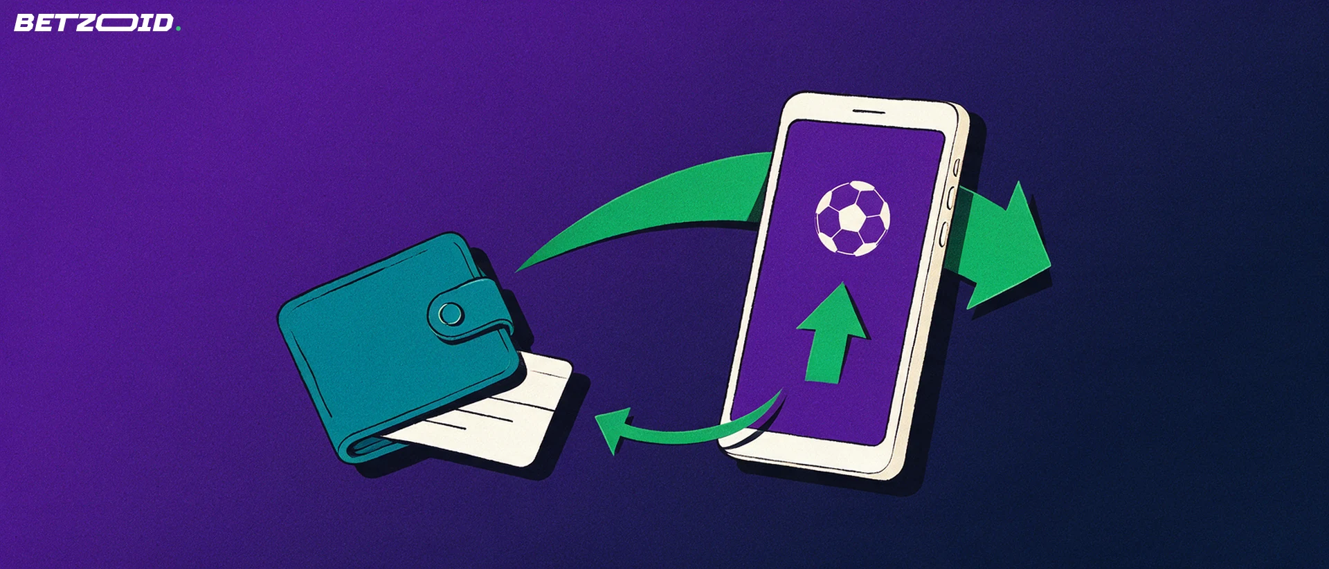 Illustration of a mobile device with a football symbol linked by curved arrows to an open wallet, representing deposits and withdrawals