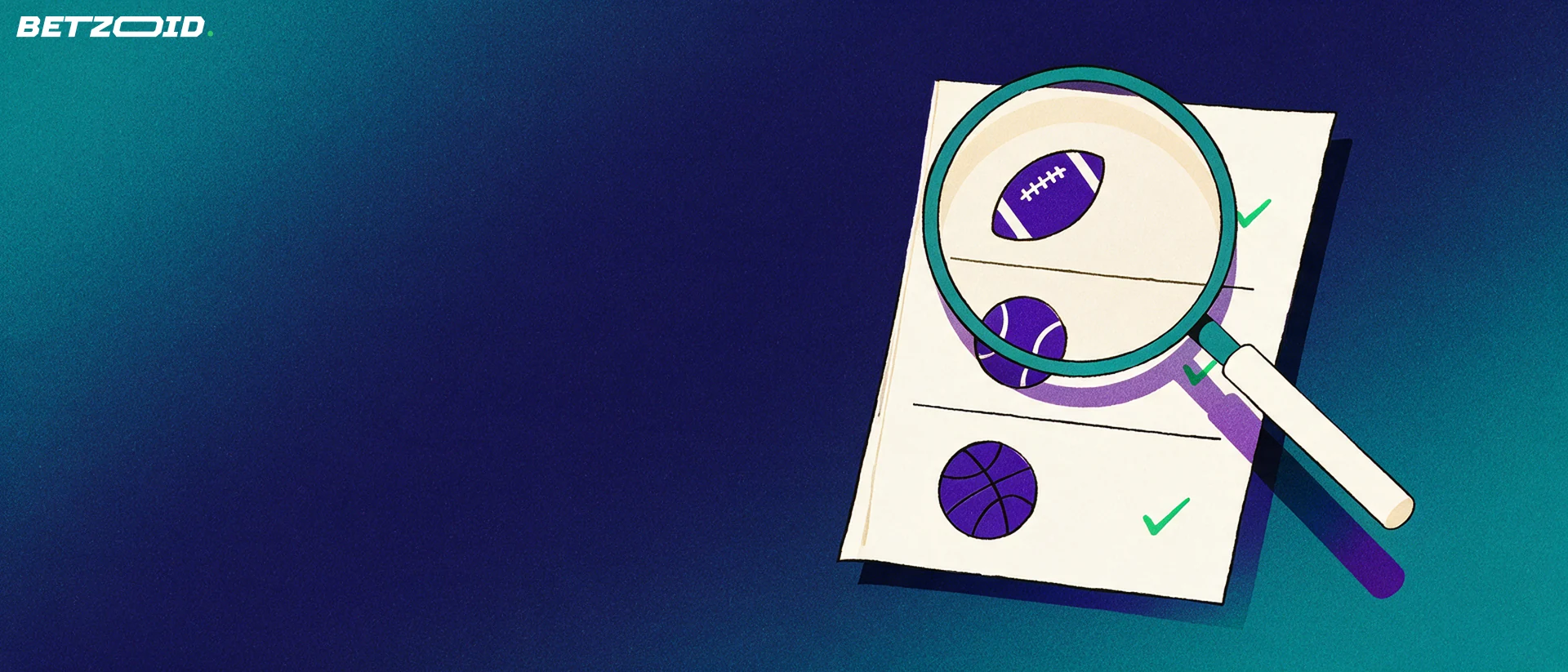Illustrazione di una grande schedina di scommesse sportive con simboli di calcio, tennis e basket esaminata da una lente d'ingrandimento