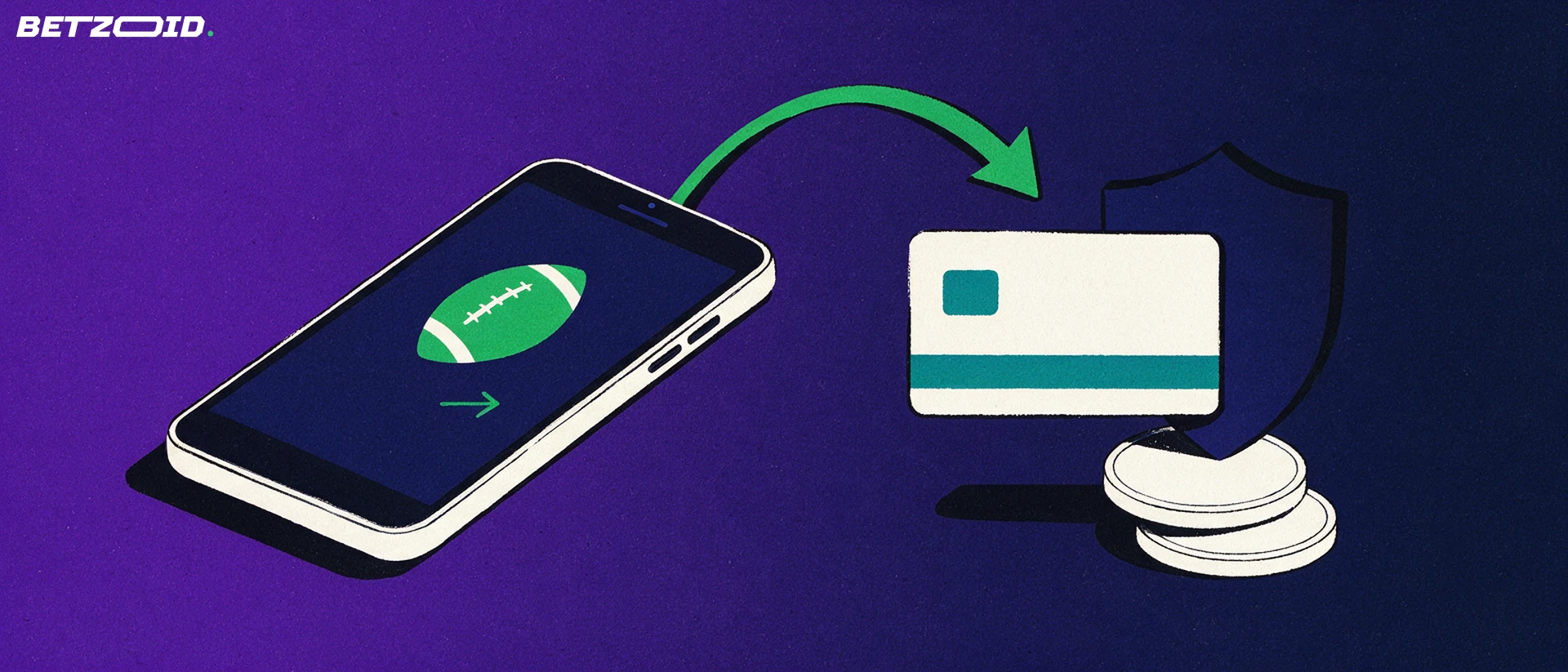 Illustrazione di uno smartphone con simbolo del calcio e una freccia verde che porta i fondi verso una carta di pagamento e alcune monete
