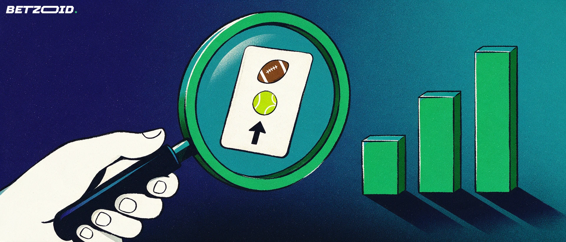 Illustrazione di una lente d'ingrandimento che esamina una schedina con simboli sportivi accanto a barre di valutazione verdi.