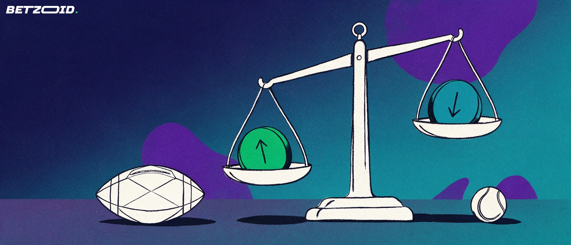 Illustrazione di una bilancia a due piatti con dischi verdi e turchesi segnati da frecce opposte, accanto a un pallone da calcio e una pallina da tennis.