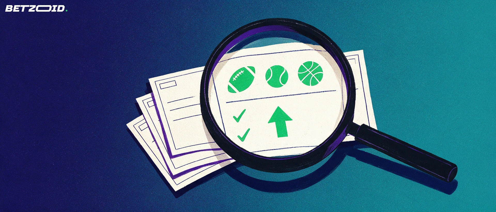 Illustrazione di una grande lente d'ingrandimento che esamina schedine di scommesse con simboli di calcio, tennis e basket