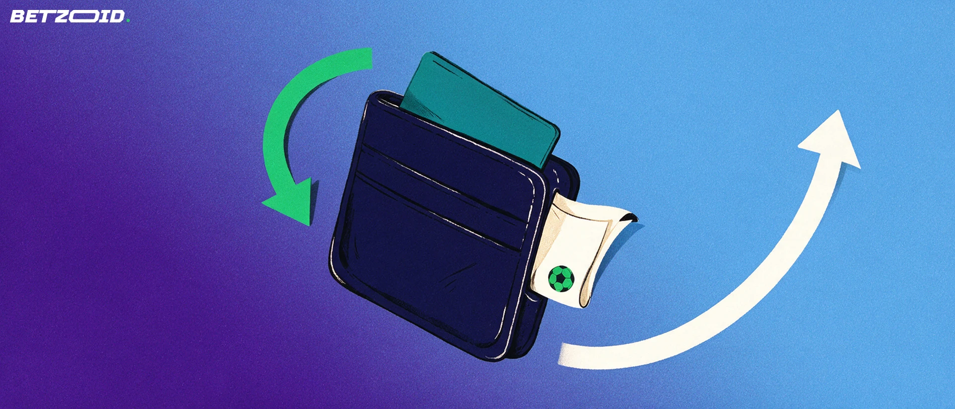 Illustration of a wallet with a plain bank card and a betting voucher marked with a soccer ball, circled by deposit and withdrawal arrows.