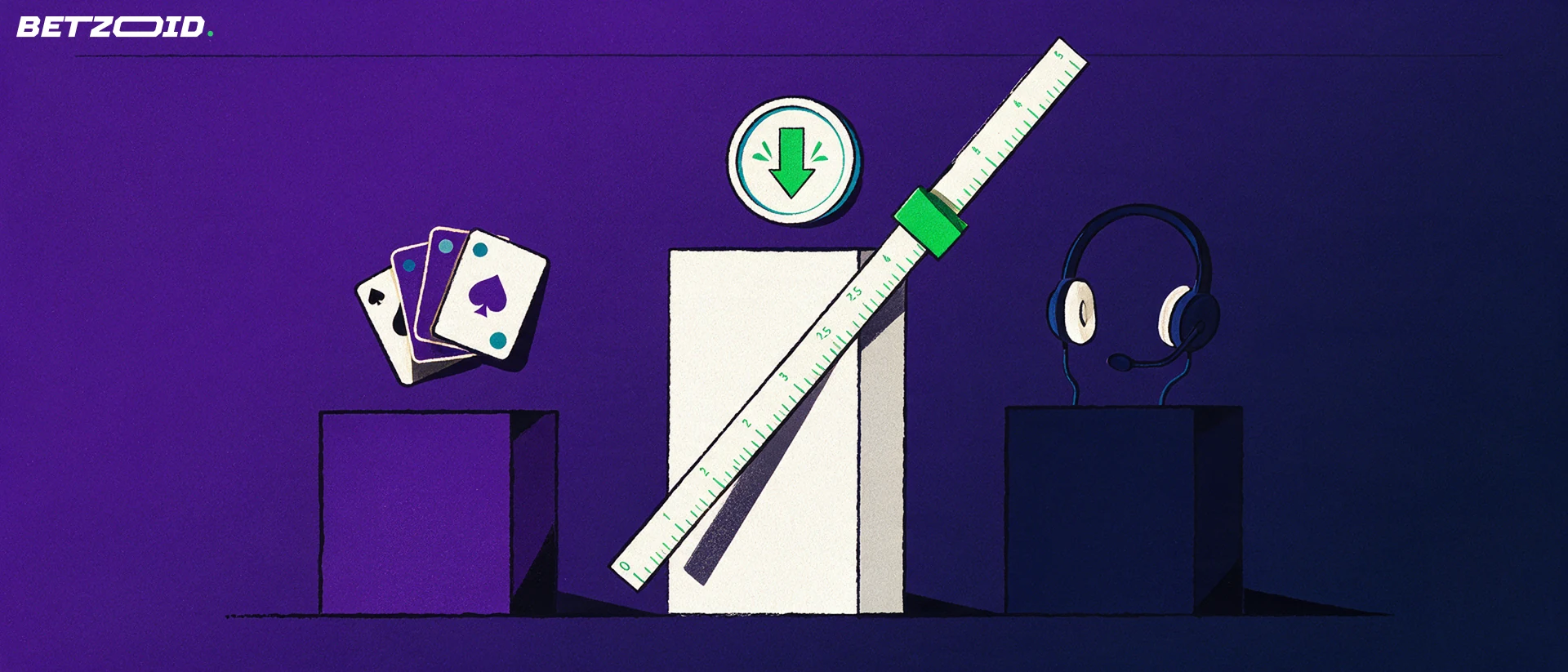 Illustrazione di tre colonne con icone di carte da gioco, moneta con freccia di deposito e cuffie di assistenza, misurate da un calibro.