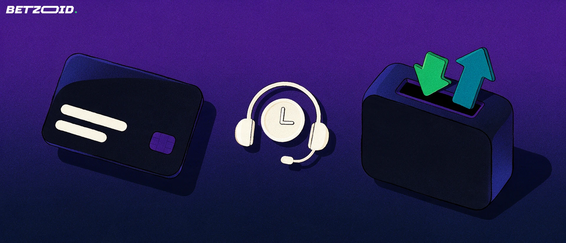 Illustration of a bank card, a wallet slot with deposit and withdrawal arrows, and a support headset outline