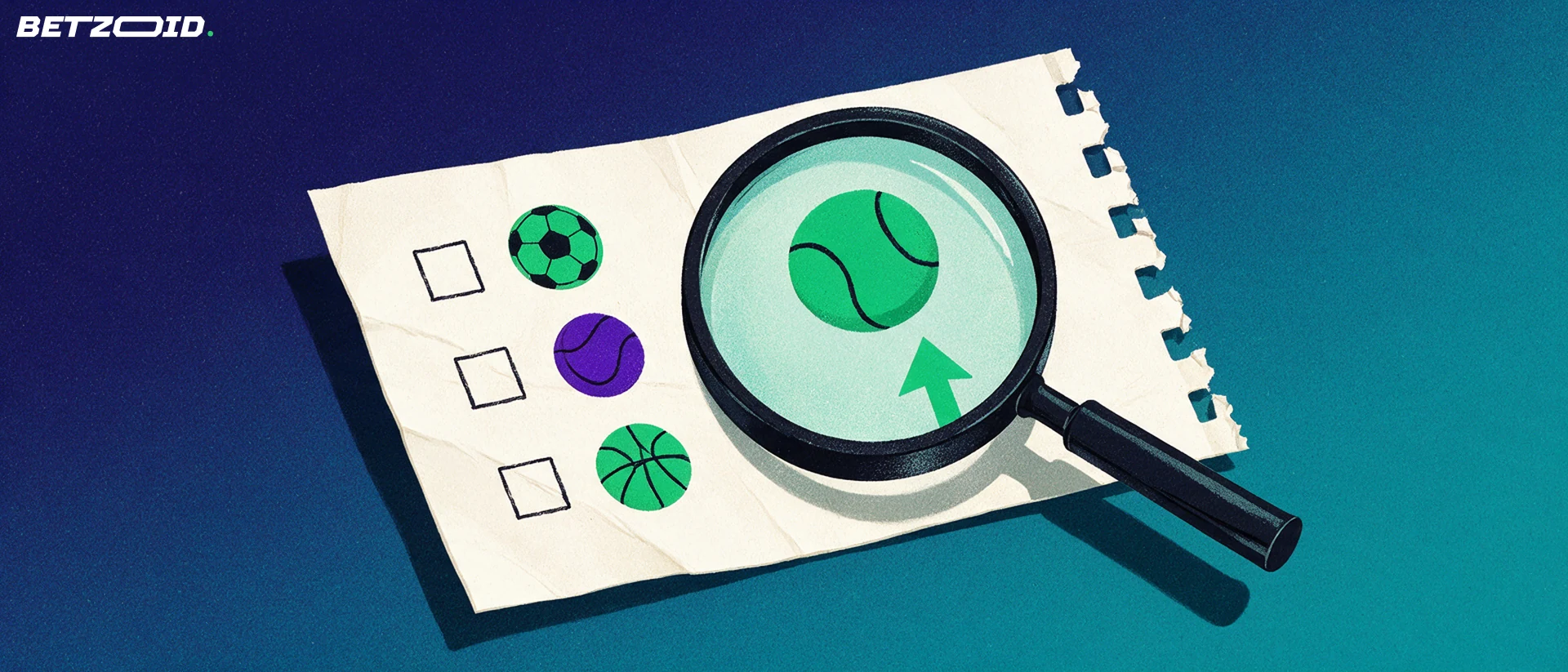 Illustrazione di una lente d'ingrandimento che esamina una schedina di scommesse con simboli di calcio, tennis e basket