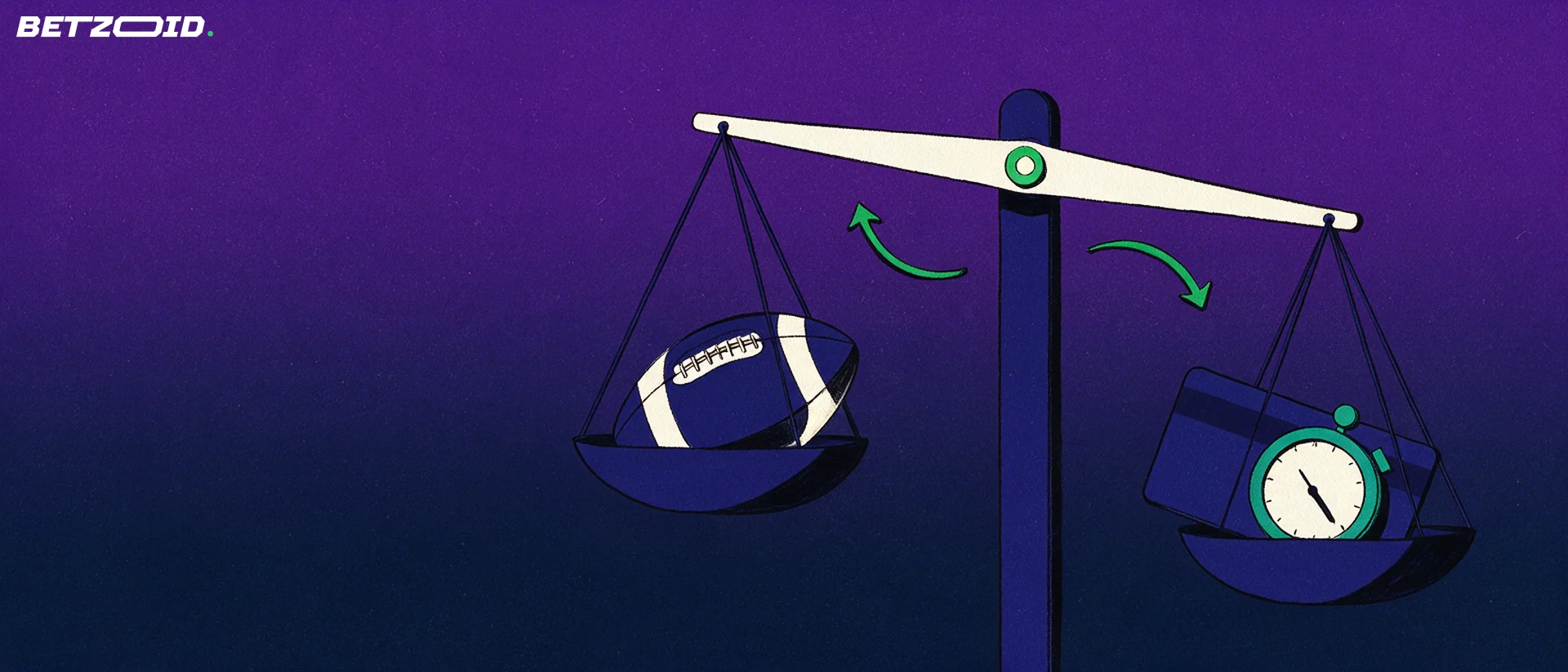 Illustrazione di una bilancia che confronta un pallone da calcio con una carta di pagamento e un cronometro