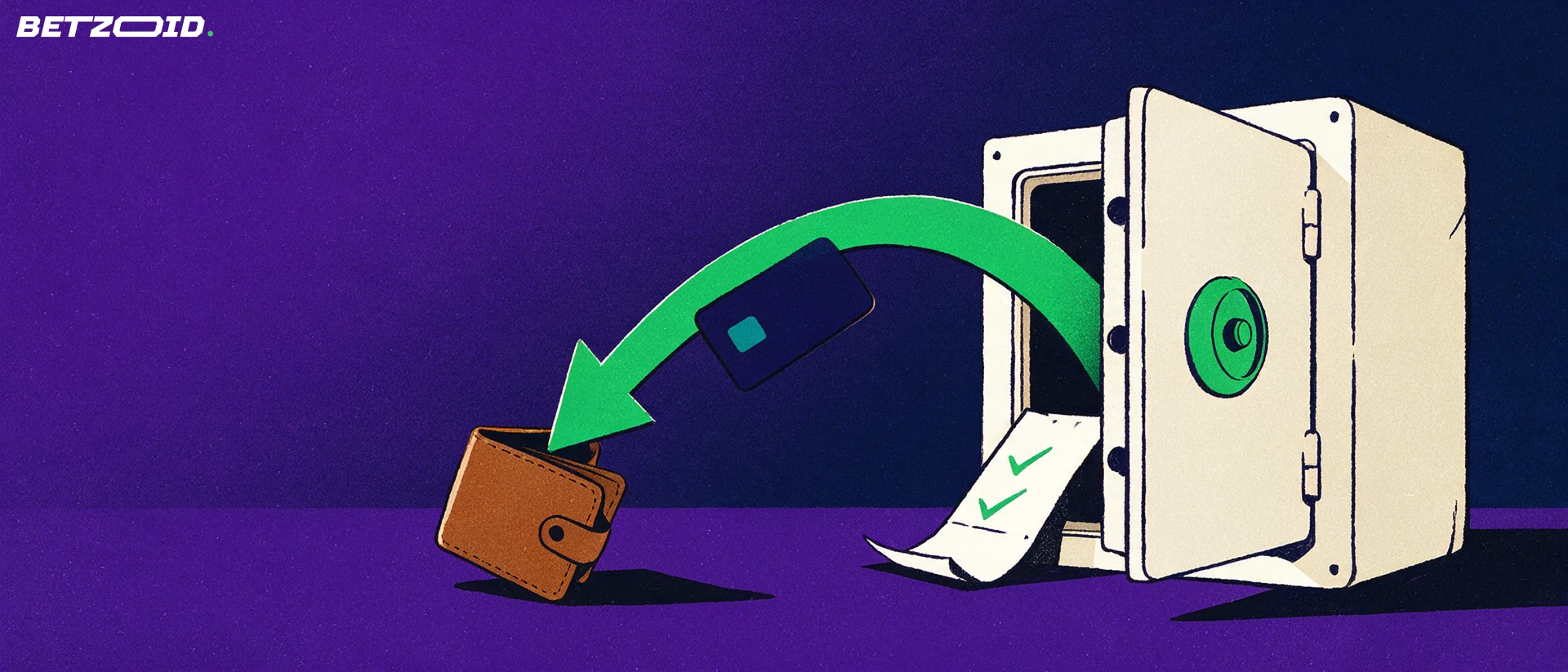 Illustrazione di una cassaforte aperta da cui una freccia verde porta una carta di pagamento verso un portafoglio, con una schedina appoggiata accanto.
