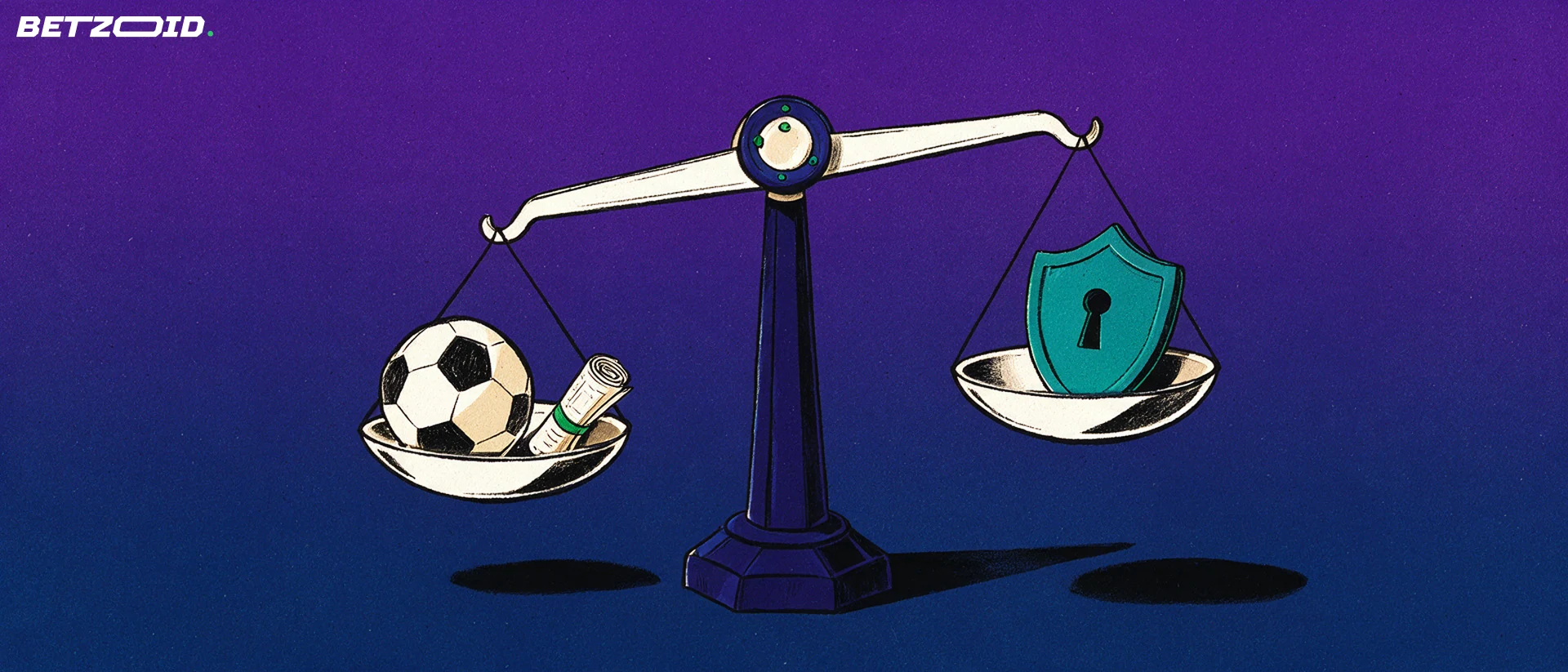 Illustrazione di una bilancia che pesa un pallone da calcio con una schedina arrotolata su un piatto e uno scudo con serratura sull'altro.