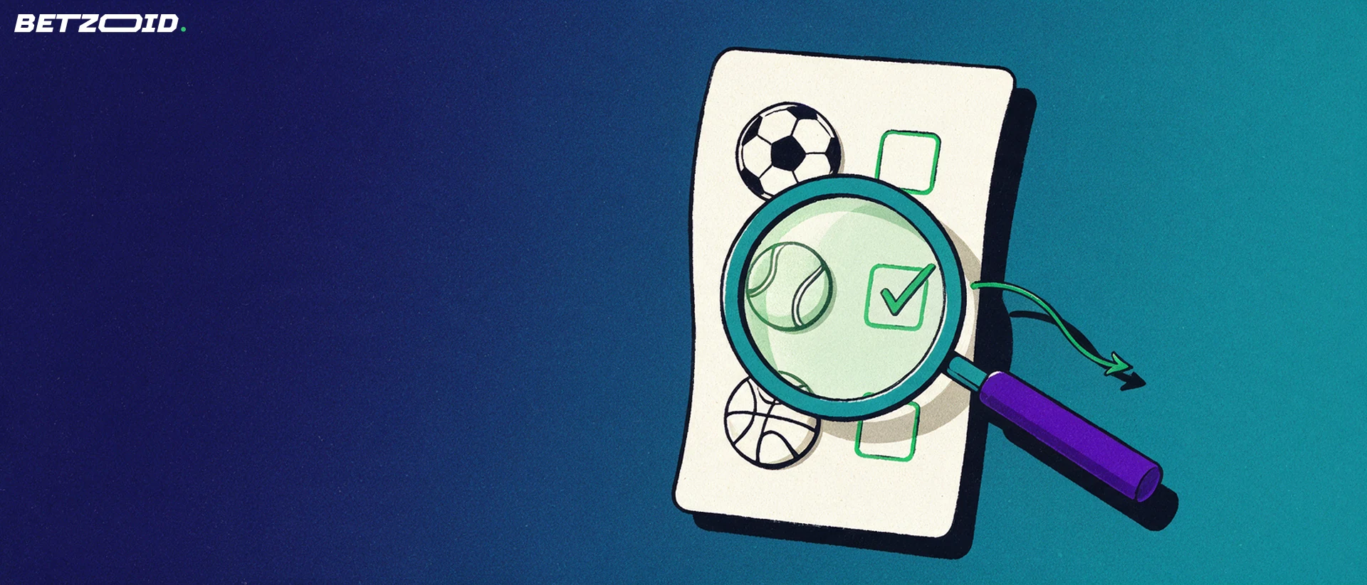 Illustrazione di una grande lente d'ingrandimento che esamina una schedina con simboli di calcio, tennis e basket e un segno di spunta verde