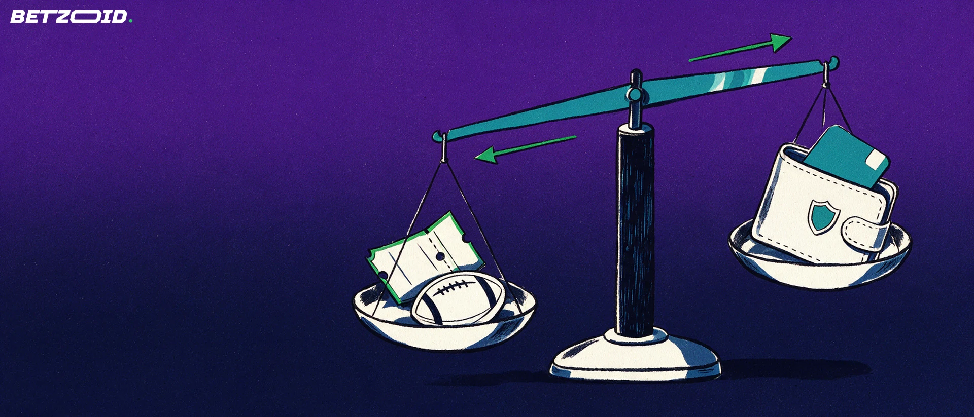 Illustrazione di una bilancia che confronta un pallone con una schedina da un lato e un portafoglio con carta e scudetto di sicurezza dall'altro