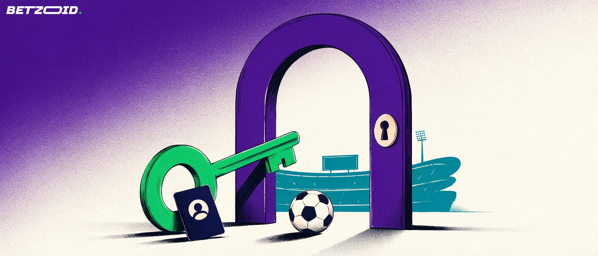 Illustrazione di una grande chiave verde e di una tessera con icona di utente davanti a un arco che si apre su gradinate di uno stadio, con un pallone da calcio a terra.